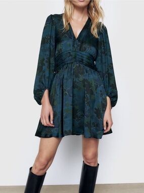 ZARA Teal-Green Floral V‑Neck Mini Dress